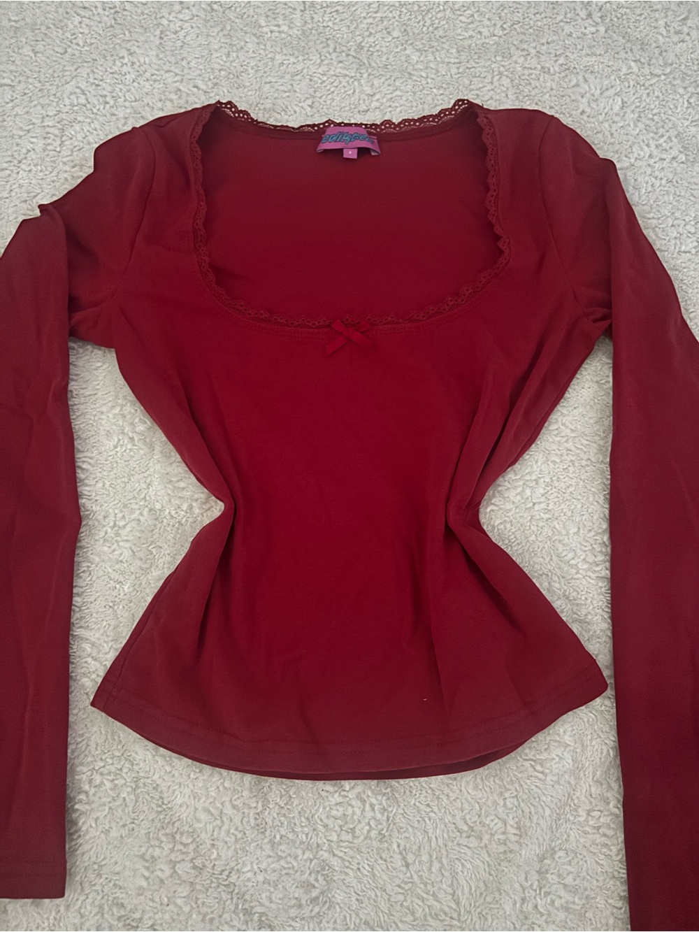 Edikted Lace-Trim Scoop Neck Long Sleeve Top - Burgundy